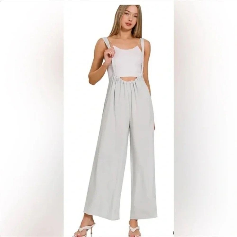 Zenana Woven Tie Back Suspender Jumpsuit - Grey